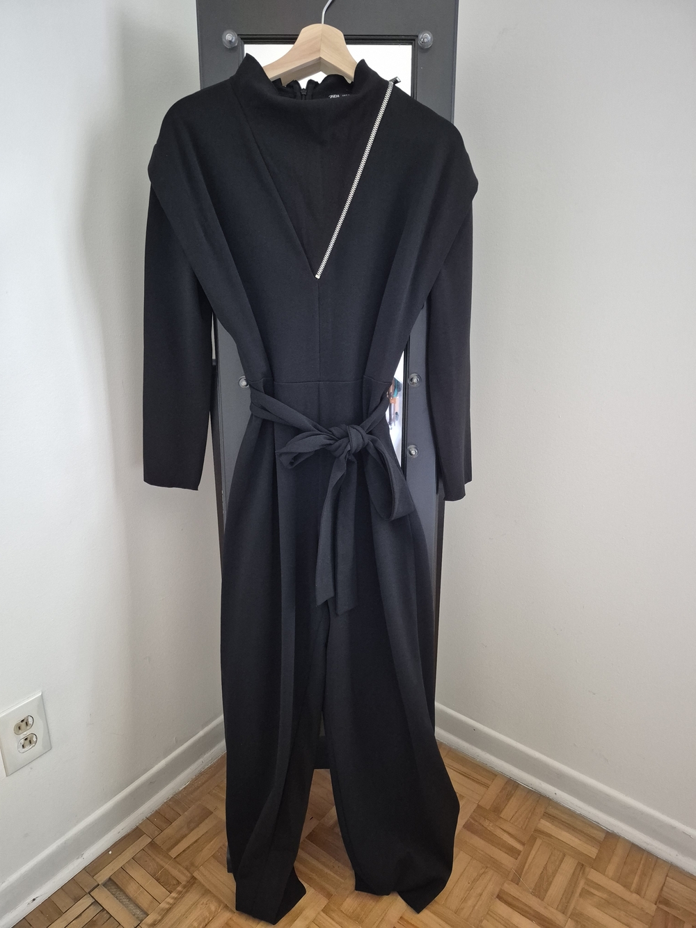 Zara Black Long-Sleeve Tie-Waist Jumpsuit